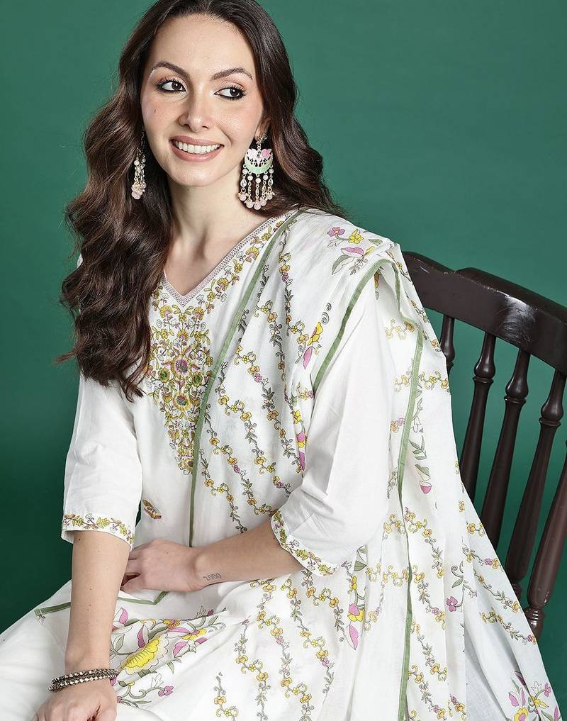 Floral Embroidered Pure Cotton Kurta with Trousers & Dupatta
