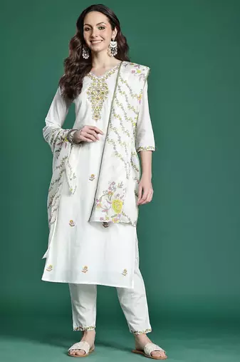 Floral Embroidered Pure Cotton Kurta with Trousers & Dupatta
