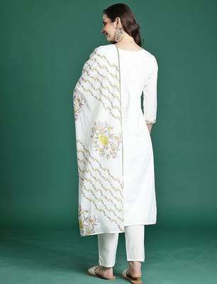 Floral Embroidered Pure Cotton Kurta with Trousers & Dupatta 7