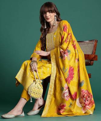 Ethnic Motifs Yoke Design Thread Work Kurta With Trousers & Dupatta 1