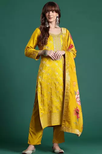 Ethnic Motifs Yoke Design Thread Work Kurta With Trousers & Dupatta