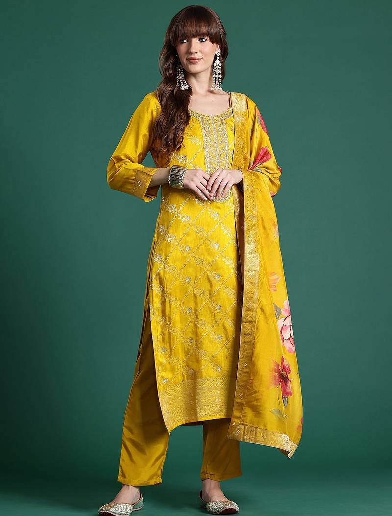 Ethnic Motifs Yoke Design Thread Work Kurta With Trousers & Dupatta