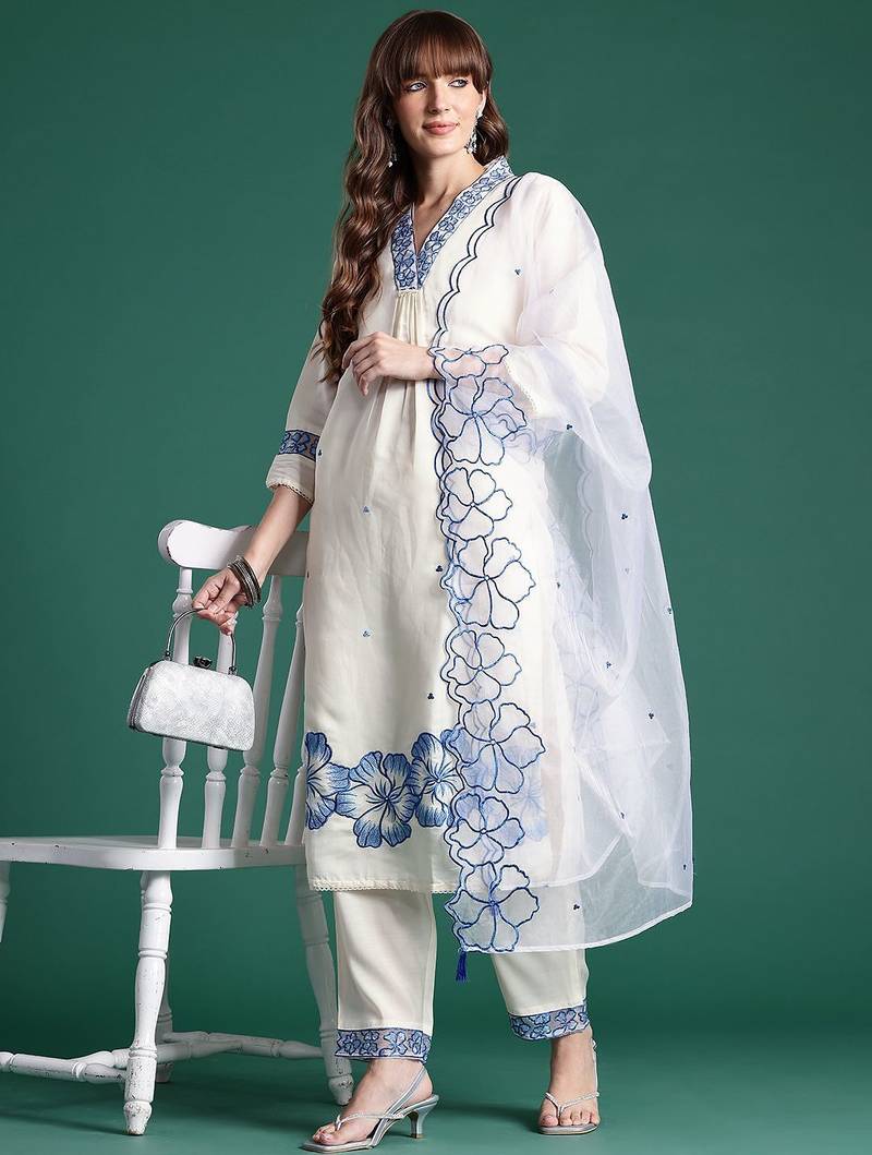 Floral Embroidered Kurta with Trousers & Dupatta