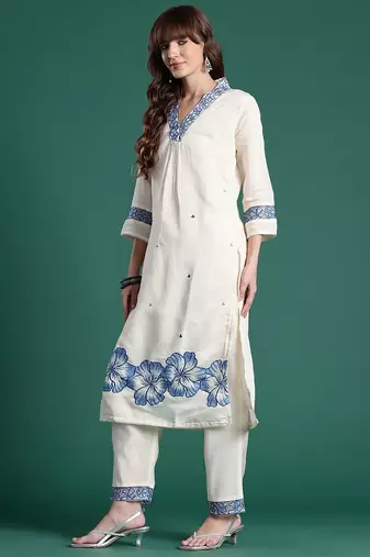 Floral Embroidered Kurta with Trousers & Dupatta