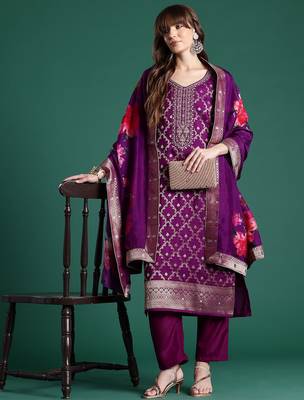 Embroidered Regular Kurta With Trousers & Dupatta 1