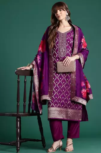 Embroidered Regular Kurta With Trousers & Dupatta