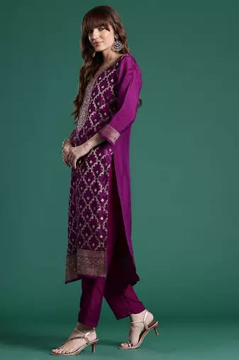 Embroidered Regular Kurta With Trousers & Dupatta
