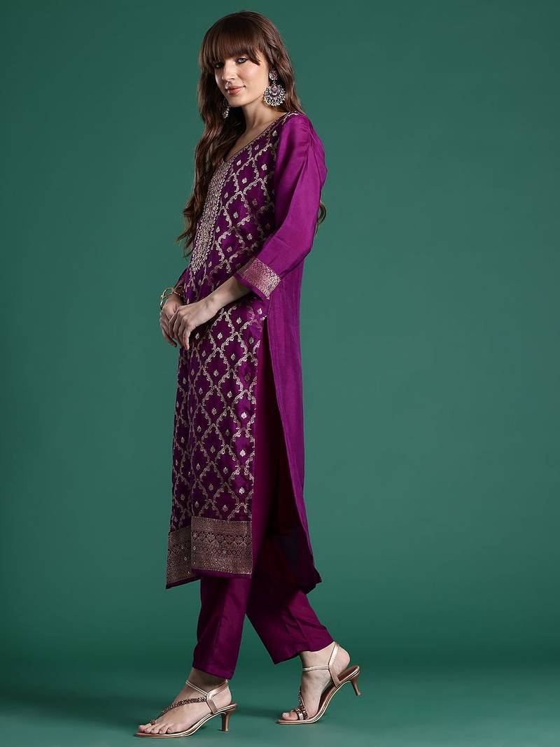 Embroidered Regular Kurta With Trousers & Dupatta