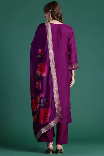 Embroidered Regular Kurta With Trousers & Dupatta