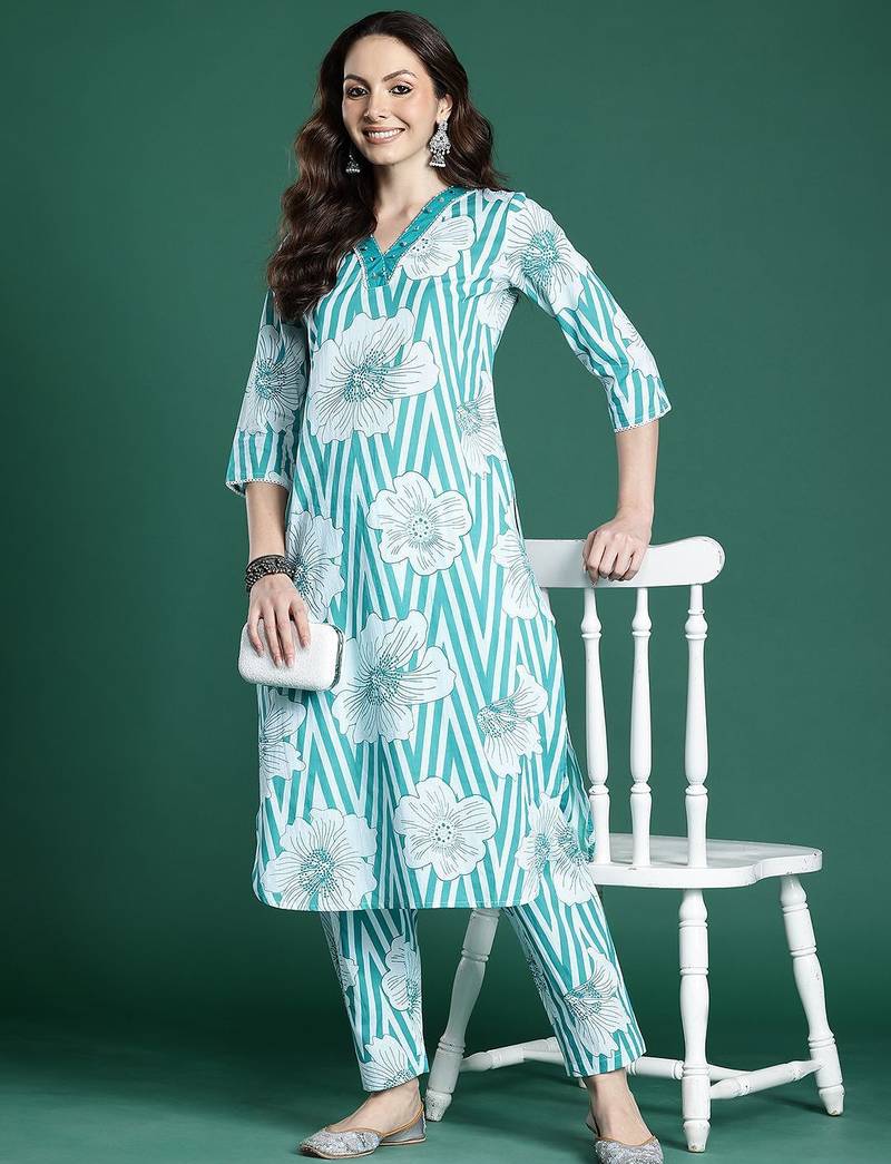 Floral Printed Pure Cotton Kurta with Trousers