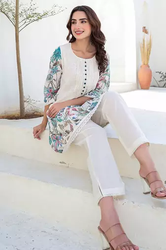 Floral Printed A-Line Pure Cotton Kurta With Trousers
