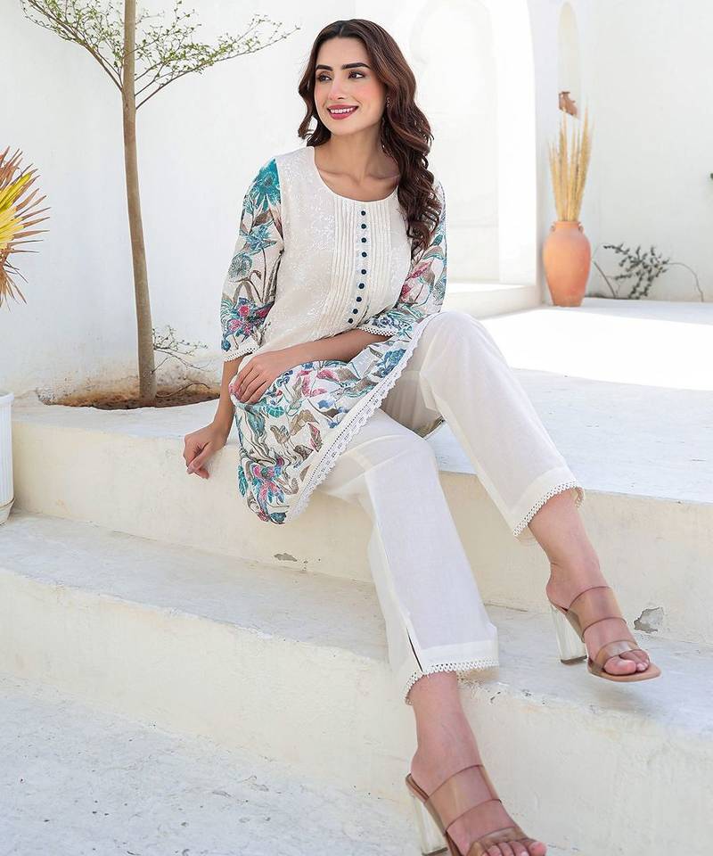 Floral Printed A-Line Pure Cotton Kurta With Trousers