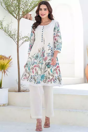 Floral Printed A-Line Pure Cotton Kurta With Trousers