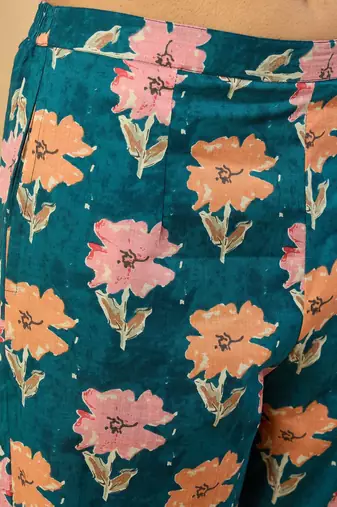 Women Floral Printed Pleated Mirror Work Pure Cotton Kurta & Trousers