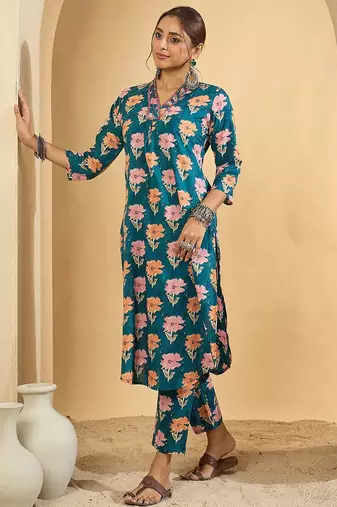 Women Floral Printed Pleated Mirror Work Pure Cotton Kurta & Trousers