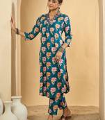 Women Floral Printed Pleated Mirror Work Pure Cotton Kurta & Trousers