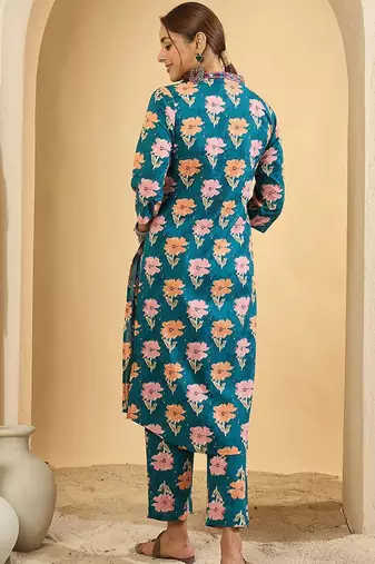 Women Floral Printed Pleated Mirror Work Pure Cotton Kurta & Trousers