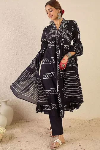 Women Printed Empire Pure Cotton Kurta with Trousers & With Dupatta