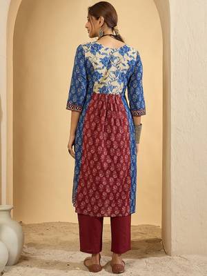 Floral Printed Pure Empire Cotton Kurta With Trousers 6