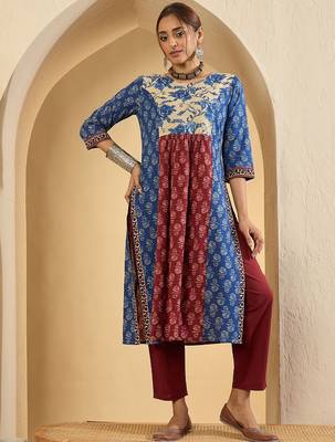 Floral Printed Pure Empire Cotton Kurta With Trousers 7