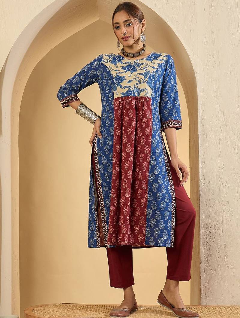 Floral Printed Pure Empire Cotton Kurta With Trousers