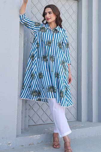 Floral Printed Shirt Collar Pure Cotton A-Line Kurta With Trousers
