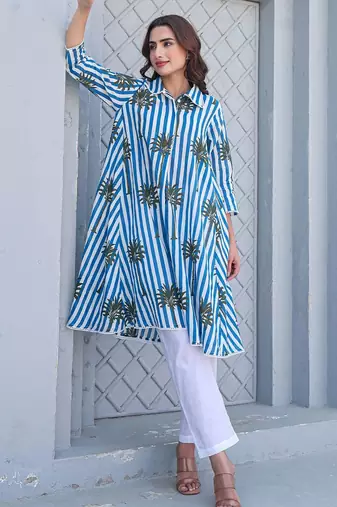Floral Printed Shirt Collar Pure Cotton A-Line Kurta With Trousers