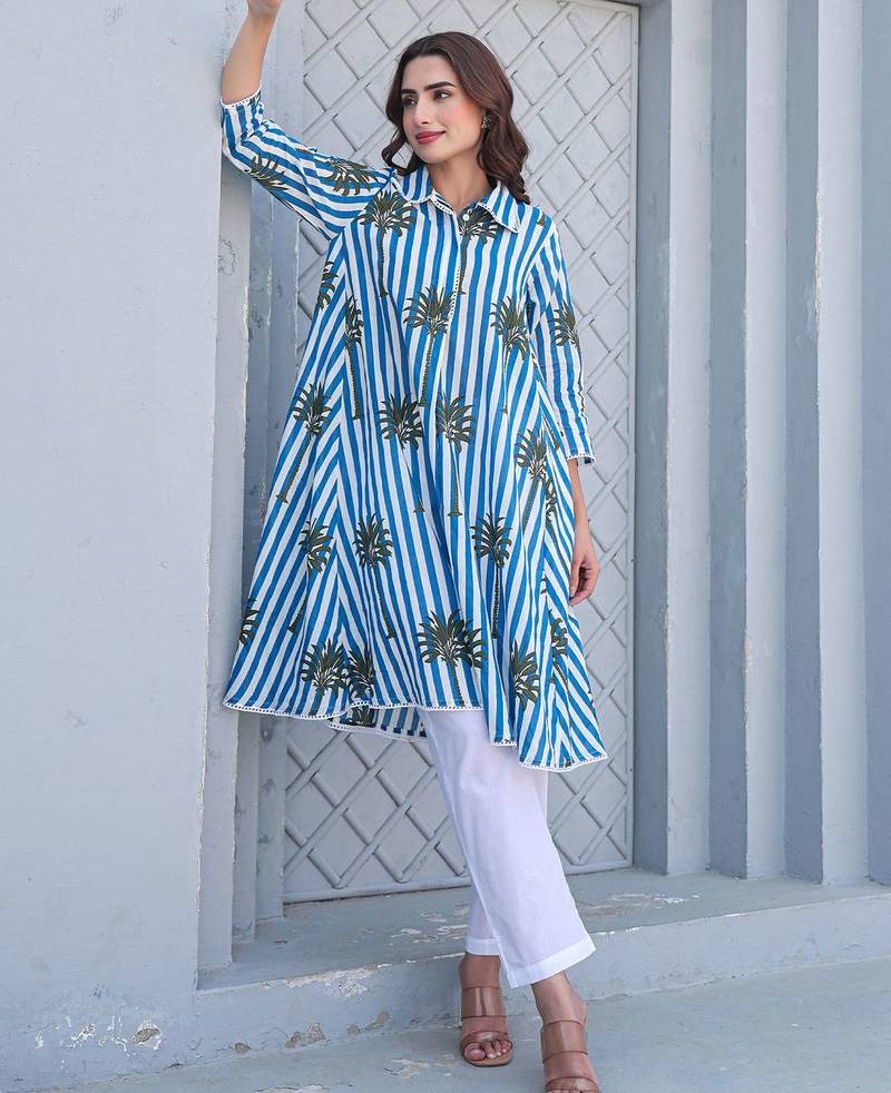 Floral Printed Shirt Collar Pure Cotton A-Line Kurta With Trousers
