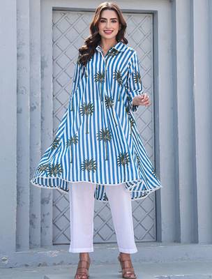 Floral Printed Shirt Collar Pure Cotton A-Line Kurta With Trousers 2