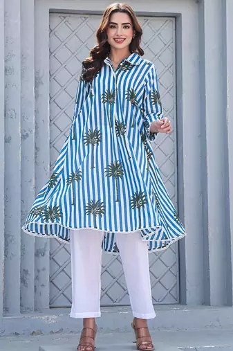 Floral Printed Shirt Collar Pure Cotton A-Line Kurta With Trousers