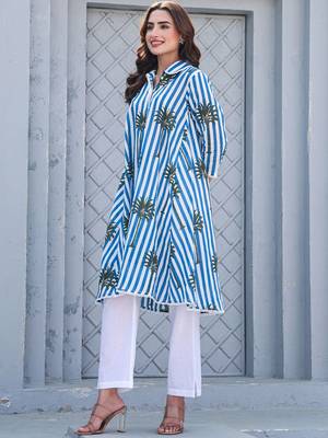 Floral Printed Shirt Collar Pure Cotton A-Line Kurta With Trousers 4