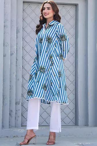 Floral Printed Shirt Collar Pure Cotton A-Line Kurta With Trousers