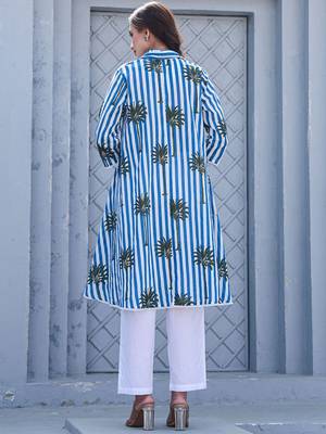 Floral Printed Shirt Collar Pure Cotton A-Line Kurta With Trousers 5