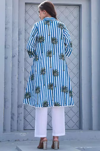 Floral Printed Shirt Collar Pure Cotton A-Line Kurta With Trousers