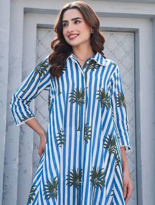 Floral Printed Shirt Collar Pure Cotton A-Line Kurta With Trousers 6