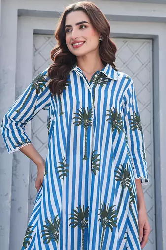 Floral Printed Shirt Collar Pure Cotton A-Line Kurta With Trousers