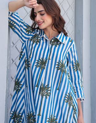 Floral Printed Shirt Collar Pure Cotton A-Line Kurta With Trousers 7