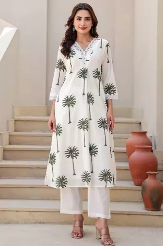 Floral Printed V-Neck Pure Cotton Kurta With Trousers