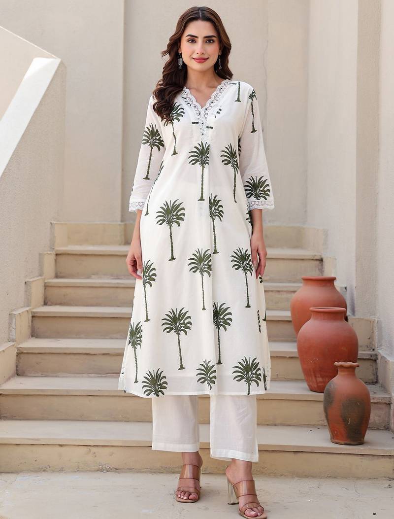 Floral Printed V-Neck Pure Cotton Kurta With Trousers