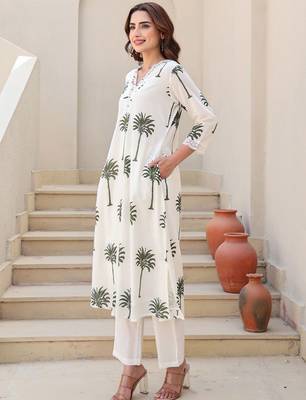 Floral Printed V-Neck Pure Cotton Kurta With Trousers 4