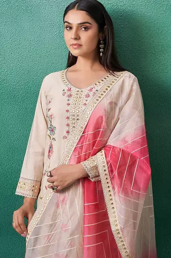 Floral Embroidered V-Neck Mirror Work Straight Kurta & Trousers With Dupatta