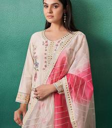 Floral Embroidered V-Neck Mirror Work Straight Kurta & Trousers With Dupatta