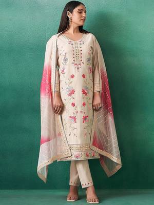 Floral Embroidered V-Neck Mirror Work Straight Kurta & Trousers With Dupatta 3