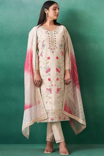 Floral Embroidered V-Neck Mirror Work Straight Kurta & Trousers With Dupatta