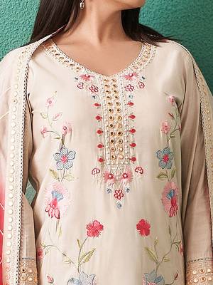 Floral Embroidered V-Neck Mirror Work Straight Kurta & Trousers With Dupatta 4