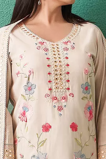 Floral Embroidered V-Neck Mirror Work Straight Kurta & Trousers With Dupatta