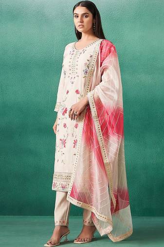 Floral Embroidered V-Neck Mirror Work Straight Kurta & Trousers With Dupatta
