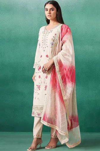 Floral Embroidered V-Neck Mirror Work Straight Kurta & Trousers With Dupatta