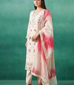 Floral Embroidered V-Neck Mirror Work Straight Kurta & Trousers With Dupatta