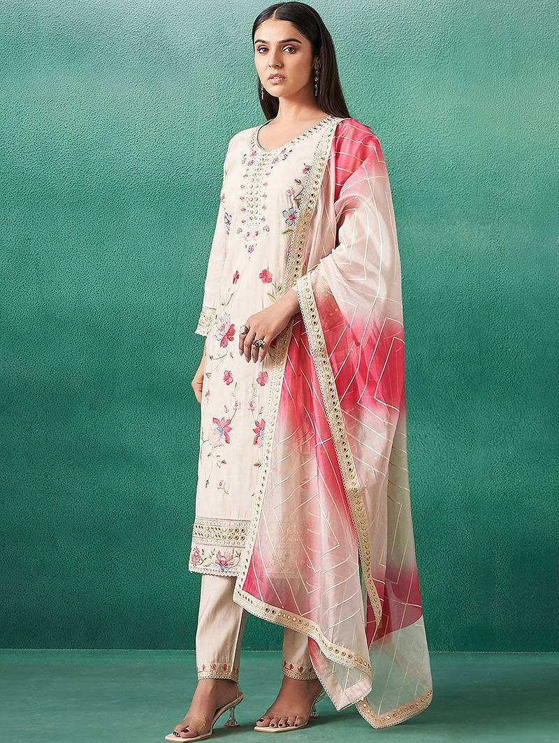 Floral Embroidered V-Neck Mirror Work Straight Kurta & Trousers With Dupatta